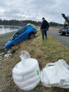 Contributed photo.
Jan. 7, 2025: Most of IOSAs responses involve boats, but thats not always the case. A report of a car in False Bay on San Juan brought Deputy Director Rick Winings out with absorbents and other gear, ready to deal with a car-sized spill. Fortunately, no spill occurred, and the sheriff towed the car away without incident.
