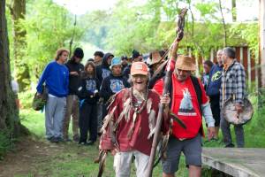 Darrell Kirk photo.
Richard Solomon, during the 2025 Gathering of the Eagles Canoe Voyage Community Dinner. He is holding a ceremonial Eagle Staff that he created.