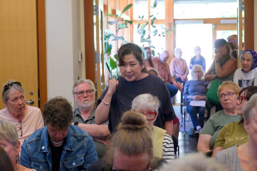 Darrell Kirk photo.
Former patients and community members speak up at the Orcas Island Health District Board meeting at the Orcas Island Library.
