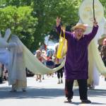Darrell Kirk photo.
Fable the Clown, one of the clowns on the Aqua Chautauqua, at the 2026 Orcas Island Solstice Parade.