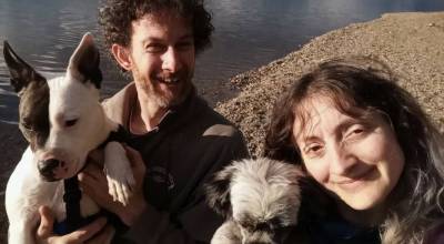Koplan with her partner, Scott Havel, and their "girls" Minnie Mae and Zandie.