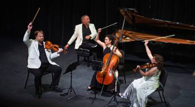 Contributed photo.
Orcas Island Chamber Music Festival artists Zachary DePue, Jon Kimura Parker, Ani Aznavoorian and Aloysia Friedmann.